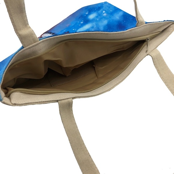 Blue Artistic Cute Girl & Bunny Print Canvas Tote Bag School Office Gift - Picture 2 of 4